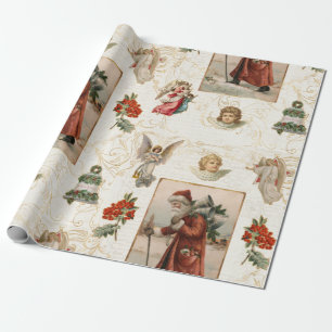 Santa Claus Vintage Angel Christmas Elegant Script Wrapping Paper