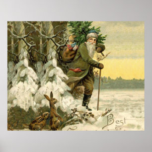 Santa Claus Vintage Antique Christmas Tree Poster