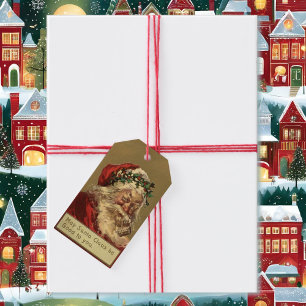 Santa Claus Vintage Christmas Holly Pipe Set of  Gift Tags