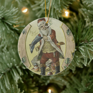 Santa claus Vintage Illustration Ceramic Tree Decoration