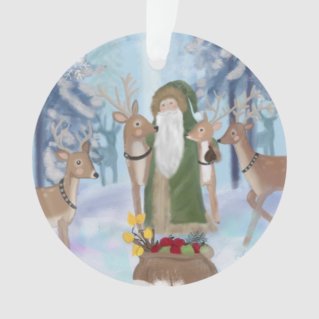 Santa Claus Visiting His Reindeer Ornament (Front)