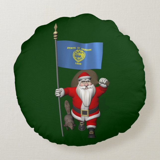 Santa Claus Visiting The Beaver State Round Cushion (Back)