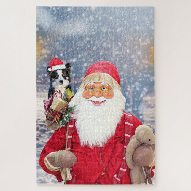 Santa Claus w Christmas Gifts Border Collie Dog Jigsaw Puzzle (Vertical)
