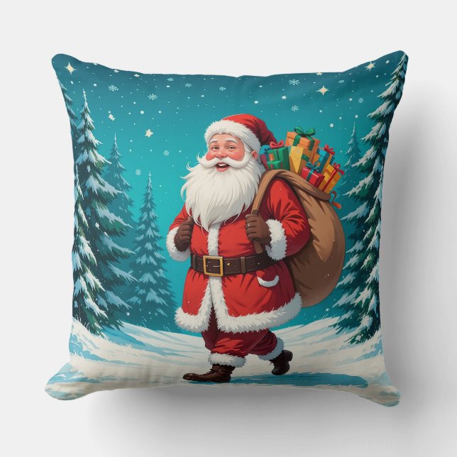 Santa Claus Walking Joyfully in a Snowy Winter Cushion (Front)