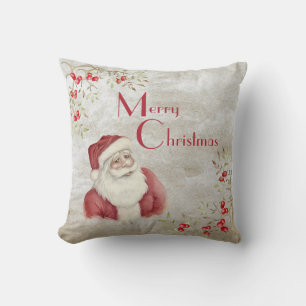 Santa Claus Watercolor Winter Berries Vintage Red Cushion