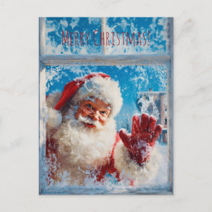 Santa Claus waving cheerfully from a snowy window Postcard
