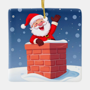 Santa Claus Waving Joyfully in Chimney Ceramic Ornament