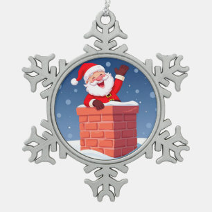 Santa Claus Waving Joyfully in Chimney Snowflake Pewter Christmas Ornament