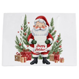Santa Claus Winter Wreath Happy Holidays Large Gift Bag