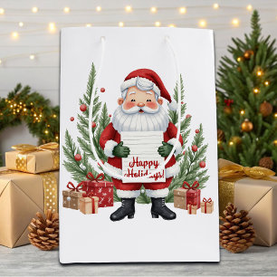 Santa Claus Winter Wreath Happy Holidays Medium Gift Bag