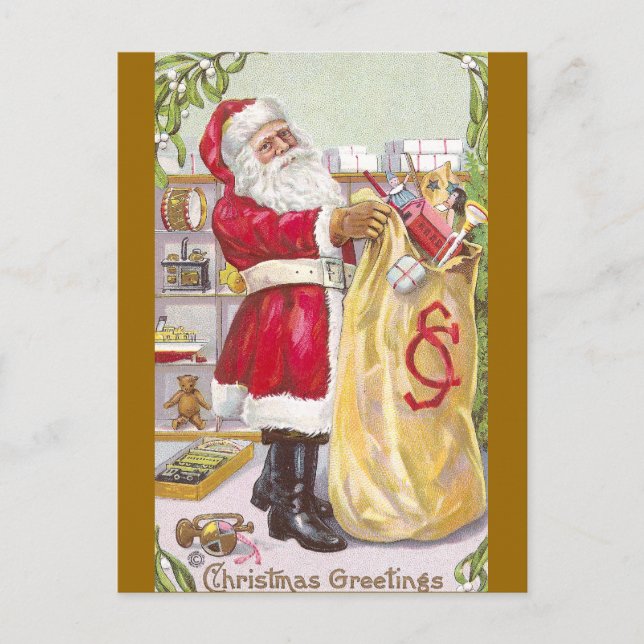 Santa Claus with a Sack Full of Toys Holiday Postcard (Front)