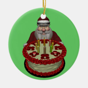 Santa Claus With Birthday Cake Ceramic Tree Decoration