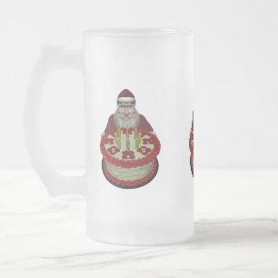 Santa Claus With Birthday Cake Frosted Glass Beer Mug