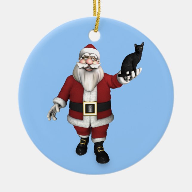 Santa Claus With Black Cat Ceramic Tree Decoration (Front)