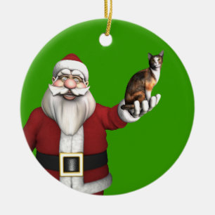Santa Claus With Calico Cat Ceramic Tree Decoration