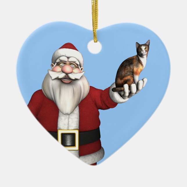 Santa Claus With Calico Cat Ceramic Tree Decoration (Front)