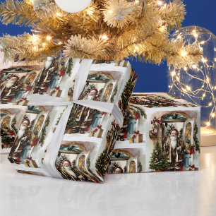 Santa Claus with Christmas Presents at the Door Wrapping Paper