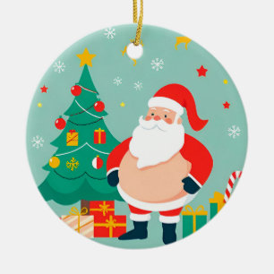 Santa Claus with Christmas Tree and Gifts Ceramic Tree Decoration