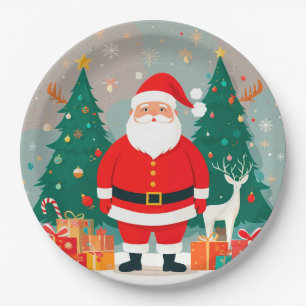 Santa Claus with Christmas Tree and Gifts Paper Plate