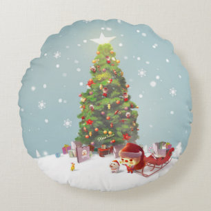 Santa Claus with Christmas Tree Round Cushion