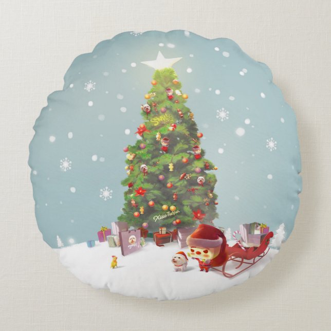 Santa Claus with Christmas Tree Round Cushion (Front)