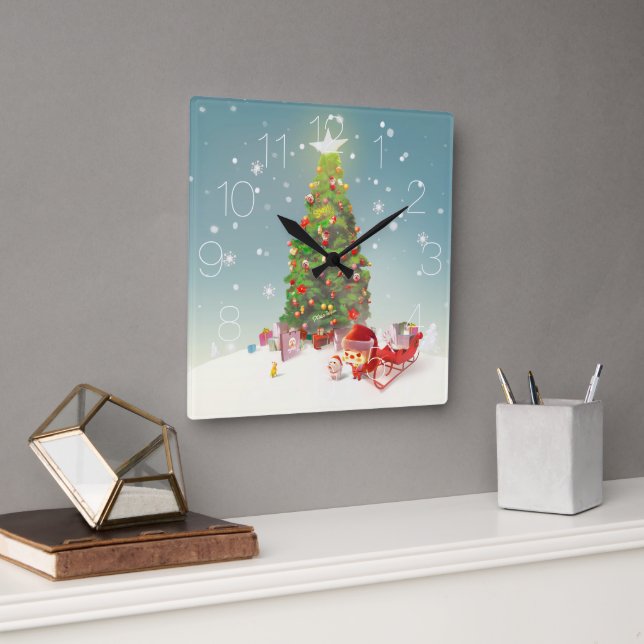 Santa Claus with Christmas Tree Square Wall Clock (Office)