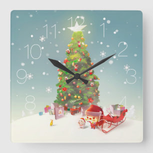 Santa Claus with Christmas Tree Square Wall Clock