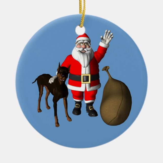 Santa Claus With Doberman Pinscher Ceramic Tree Decoration (Front)