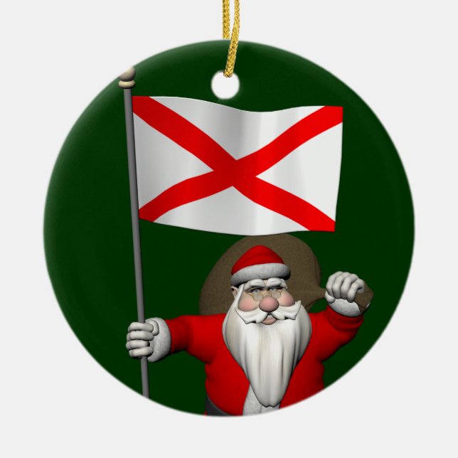 Santa Claus With Ensign Of Alabama Ceramic Tree Decoration (Front)