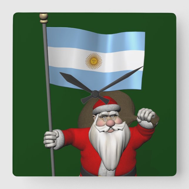 Santa Claus With Ensign Of Argentina Square Wall Clock (Front)