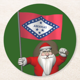 Santa Claus With Ensign Of Arkansas Round Paper Coaster