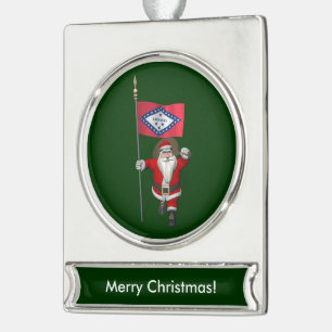 Santa Claus With Ensign Of Arkansas Silver Plated Banner Ornament