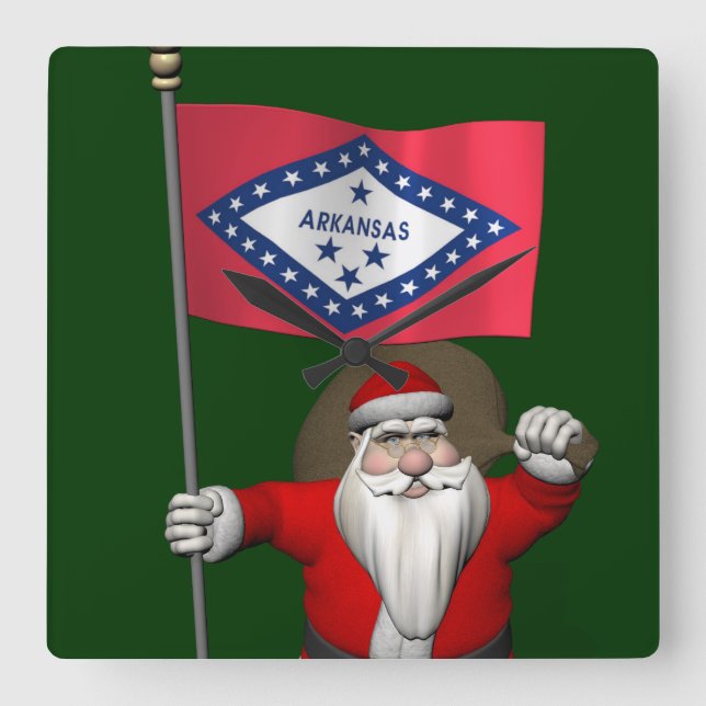 Santa Claus With Ensign Of Arkansas Square Wall Clock (Front)