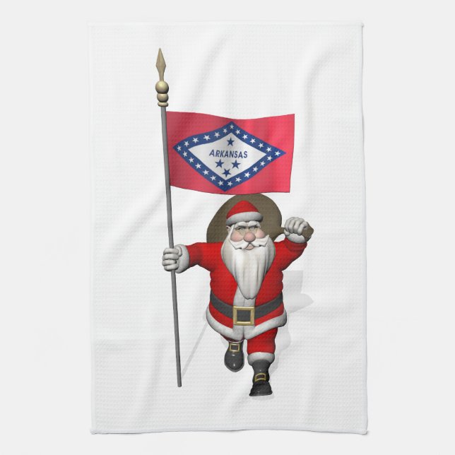 Santa Claus With Ensign Of Arkansas Tea Towel (Vertical)