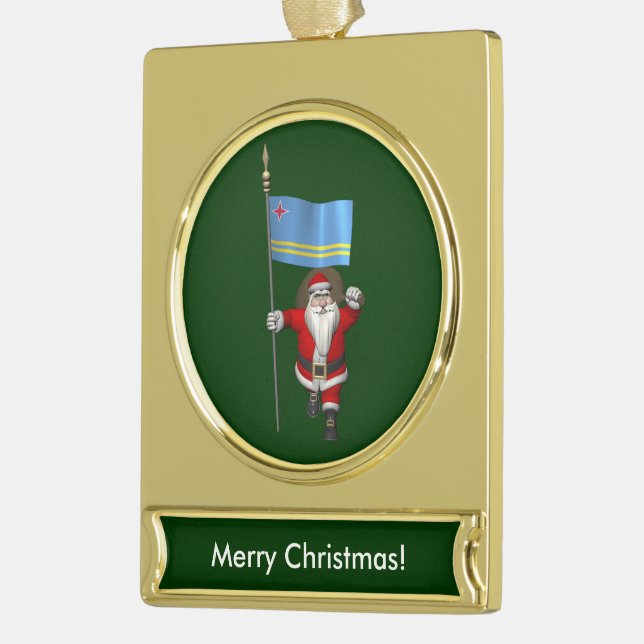 Santa Claus With Ensign Of Aruba Gold Plated Banner Ornament (Left)