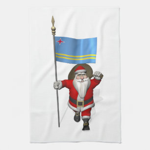 Santa Claus With Ensign Of Aruba Tea Towel