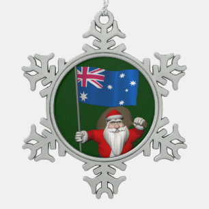 Santa Claus With Ensign Of Australia Snowflake Pewter Christmas Ornament