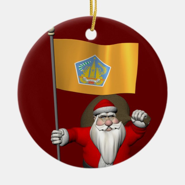 Santa Claus With Ensign Of Bali Ceramic Tree Decoration (Front)