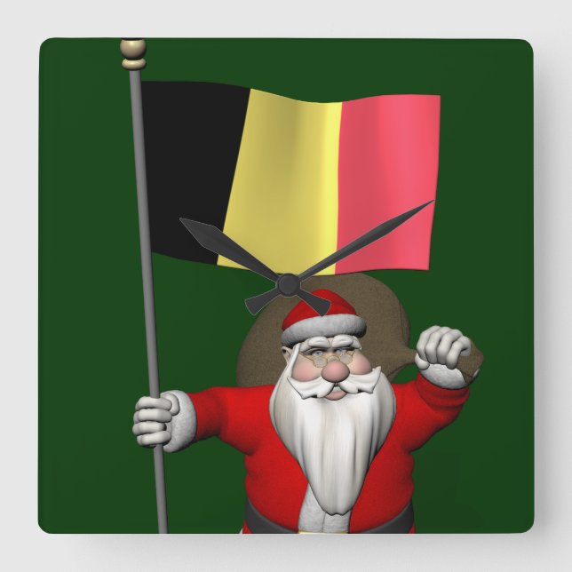 Santa Claus With Ensign Of Belgium Square Wall Clock (Front)
