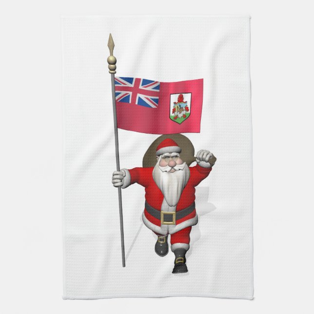 Santa Claus With Ensign Of Bermuda Tea Towel (Vertical)