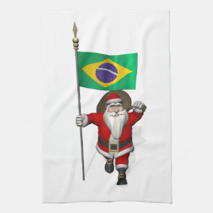 Santa Claus With Ensign Of Brazil Tea Towel