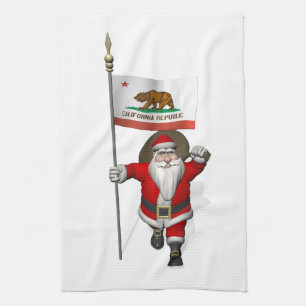 Santa Claus With Ensign Of California Tea Towel