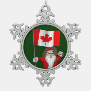 Santa Claus With Ensign Of Canada Snowflake Pewter Christmas Ornament