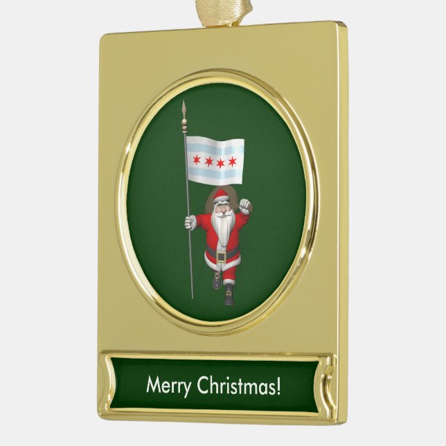 Santa Claus With Ensign Of Chicago Gold Plated Banner Ornament (Left)