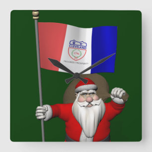 Santa Claus With Ensign Of Cleveland Square Wall Clock