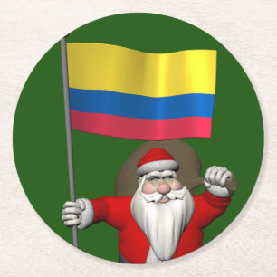 Santa Claus With Ensign Of Colombia Round Paper Coaster