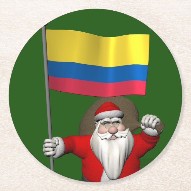 Santa Claus With Ensign Of Colombia Round Paper Coaster (Front)