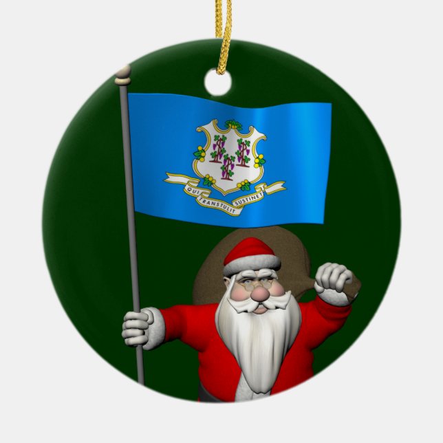 Santa Claus With Ensign Of Connecticut Ceramic Tree Decoration (Front)