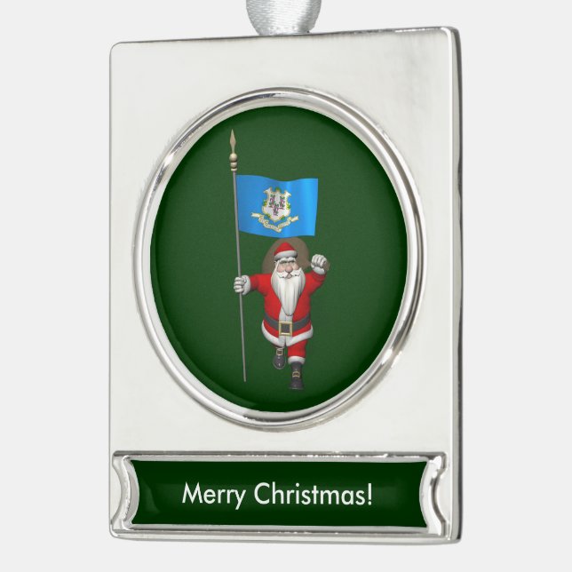 Santa Claus With Ensign Of Connecticut Silver Plated Banner Ornament (Left)