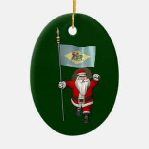 Santa Claus With Ensign Of Delaware Ceramic Tree Decoration